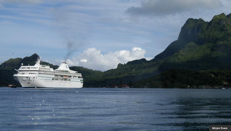 Paul Gauguin ship on the sea near the island of Moorea in Tahiti; 2006.
