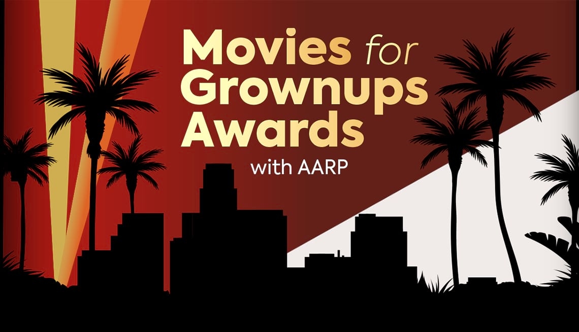 illustration of a city skyline with palm trees. Movies for Grownups Awards with A A R P