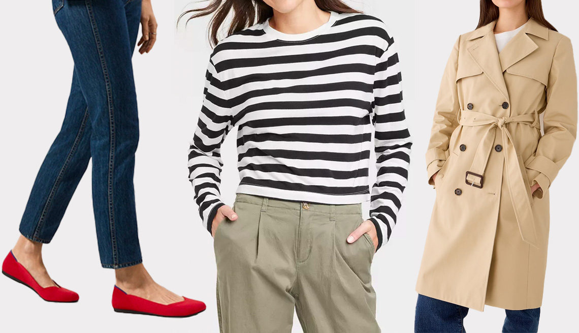 Rothy’s The Flat in Bright Red; A New Day Women’s Boxy Long Sleeve T-Shirt in Black/White Striped; J. Crew Women New Icon Trench in Vintage Khaki
