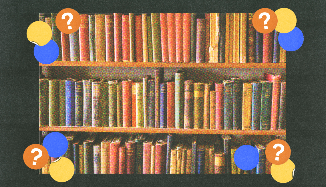 Books on three shelves numerous books on three shelves; blue, yellow and orange circles with question marks surround them