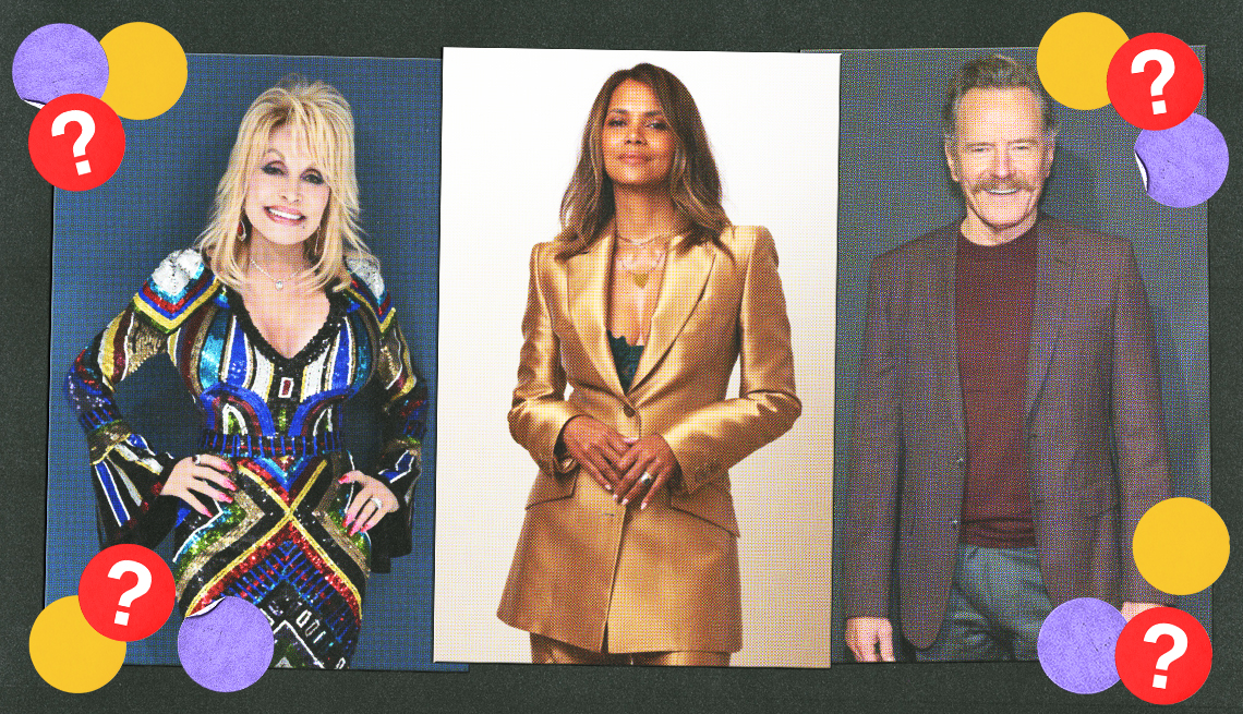 Side by side of Dolly Parton, Halle Berry and Bryan Cranston, surrounded by yellow, purple and red circles with question marks side by side of dolly parton, halle berry and bryan cranston, surrounded by yellow, purple and red circles with question marks