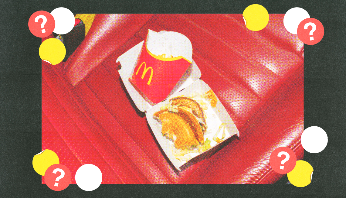 mcdonalds half eaten burger and half empty fry container in open burger box on red seat surrounded by yellow, white and red circles with question marks mcdonalds half eaten burger and half empty fry container in open burger box on red seat surrounded by yellow, white and red circles with question marks