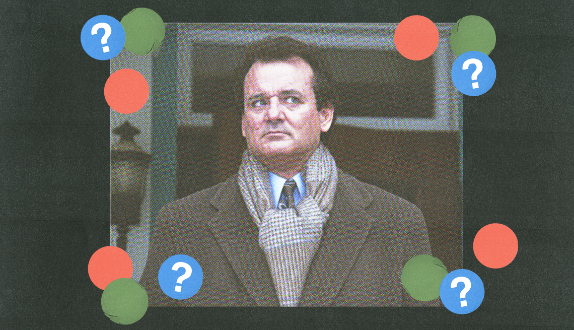 bill murray as phil connors in a still from groundhog day; red, green and blue circles with question marks surround him; black background bill murray as phil connors in a still from groundhog day; red, green and blue circles with question marks surround him; black background