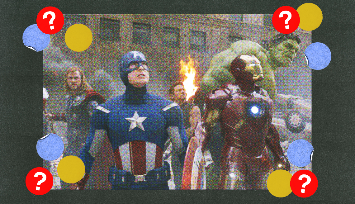 Characters from Marvel movies surrounded by yellow, blue and red circles with question marks characters from marvel movies surrounded by yellow, blue and red circles with question marks