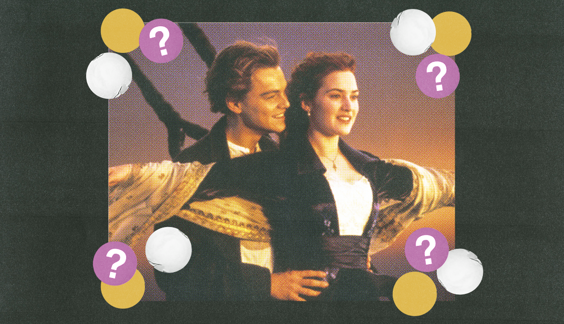 leonardo dicaprio as jack standing behind kate winslet as rose, holding onto her waist in a still from titanic; white, yellow and purple circles with question marks surround them leonardo dicaprio as jack standing behind kate winslet as rose, holding onto her waist in a still from titanic; white, yellow and purple circles with question marks surround them