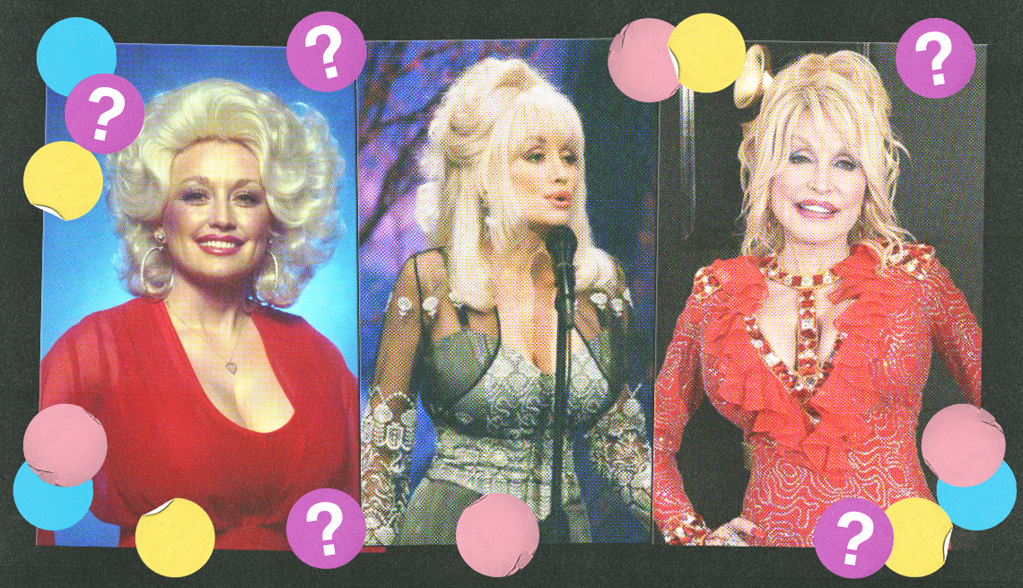 three side-by-side photos of dolly parton; purple, blue, yellow and pink circles with question marks surround them; black background three side-by-side photos of dolly parton; purple, blue, yellow and pink circles with question marks surround them; black background