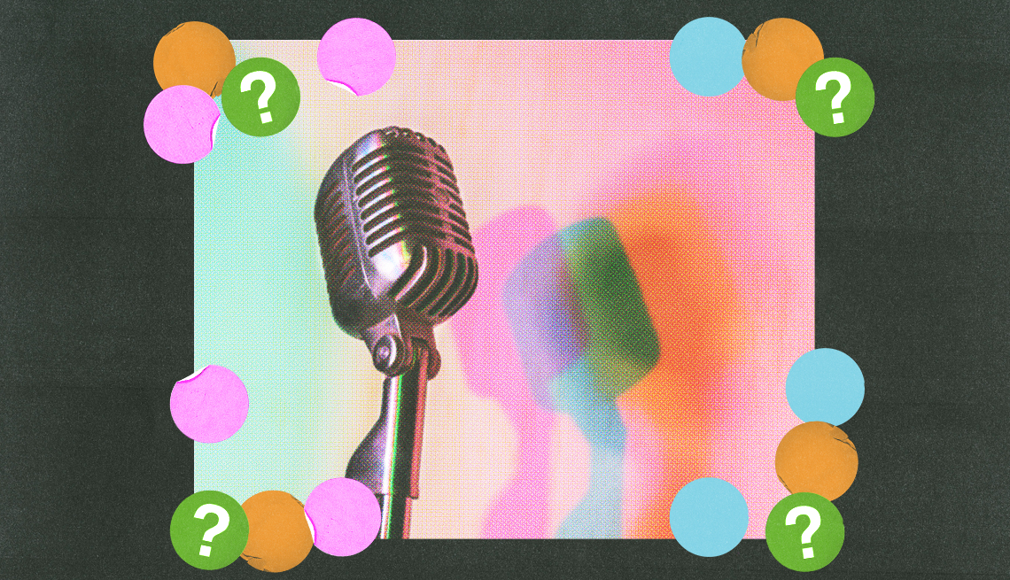 microphone with three colorful shadows against background; pink, orange, blue and green circles with question marks surround it; black background microphone with three colorful shadows against background; pink, orange, blue and green circles with question marks surround it; black background
