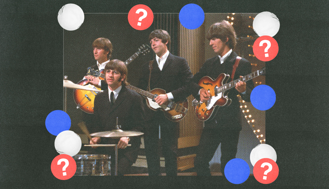 the beatles, including john lennon, paul mccartney, george harrison and ringo starr playing instruments; red, white and blue circles with question marks surround them; black background the beatles, including john lennon, paul mccartney, george harrison and ringo starr playing instruments; red, white and blue circles with question marks surround them; black background
