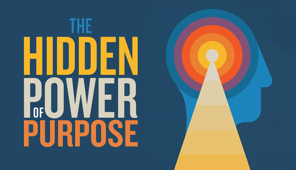 dark blue background with words the hidden power of purpose on the left; illustration of a side profile of a face with light shining out of it on the right