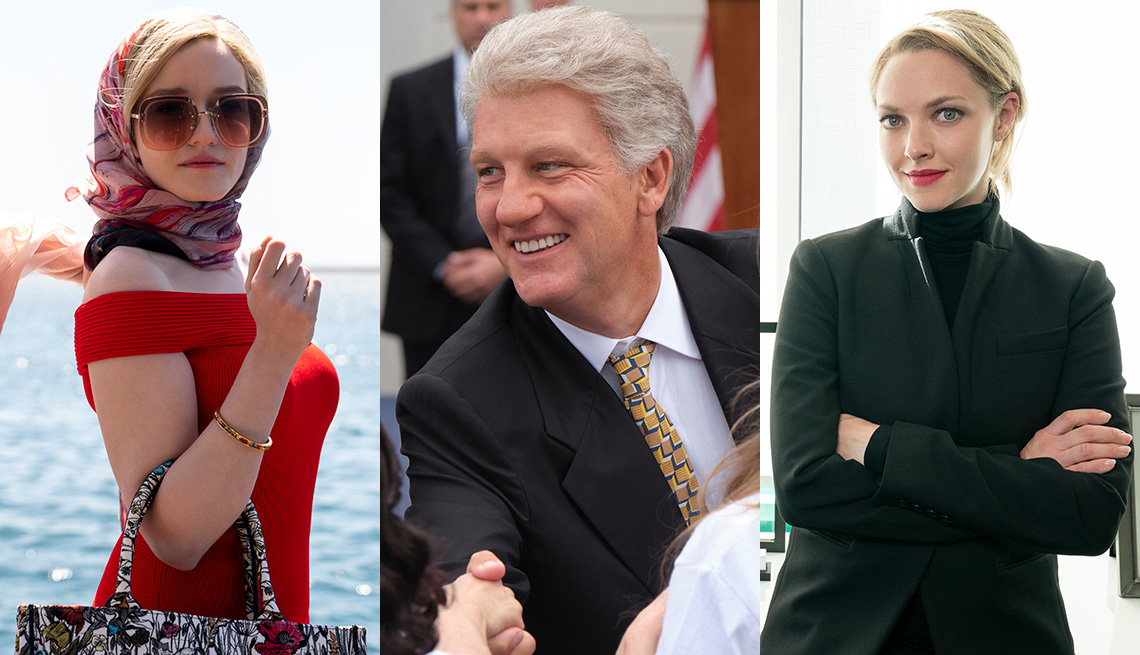 Julia Garner wearing a red dress sunglasses and a head scarf in Inventing Anna, Clive Owen shaking hands with another person in Impeachment American Crime Story and Amanda Seyfried posing for a photo with her arms crossed in The Dropout in "Inventing Anna," Clive Owen as Bill Clinton in "Impeachment: American Crime Story" and Amanda Seyfried posing for a photo with her arms crossed in The Dropout