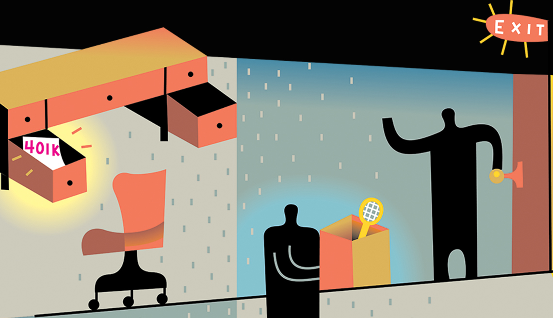 Illustration of an office being emptied, with a 401(k) document left behind in a desk drawer