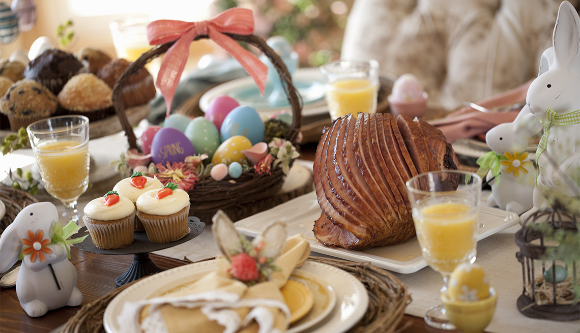 Easter brunch dishes on a decorated table