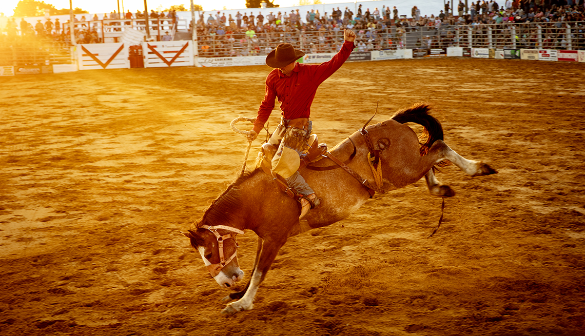 a cowboy rides a horse in a rodeo a horse tries to buck its its rider in a red shirt and cowboy hat at a rodeo