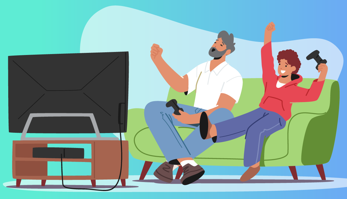 Two generations of family playing video games together