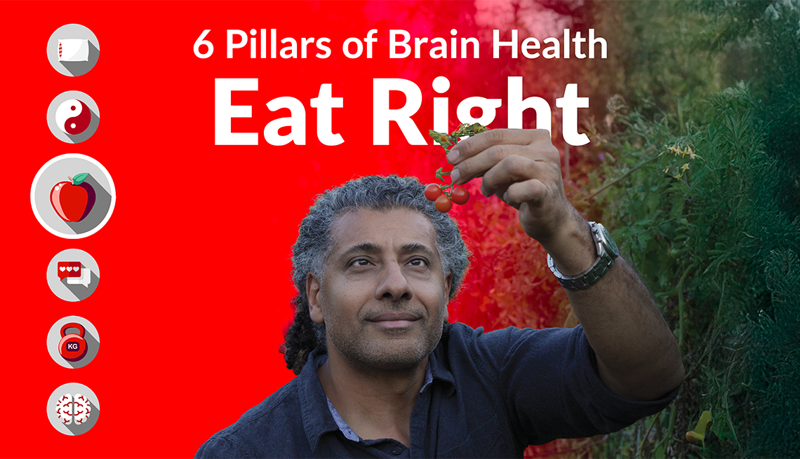 A man holding up and examining cherry tomatoes in a garden and the text "6 Pillars of Brain Health Eat Right" behind him