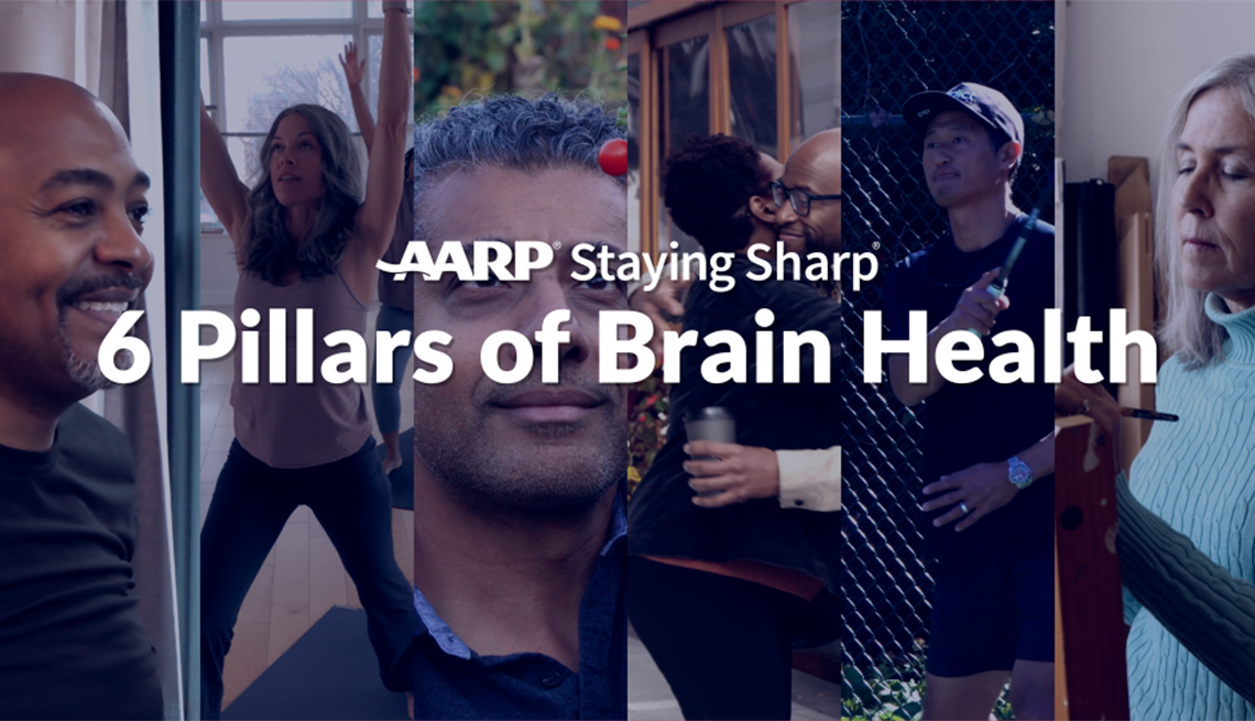 Different people representing each of the six pillars of brain health with text that says, "AARP Staying Sharp" and "6 Pillars of Brain Health"