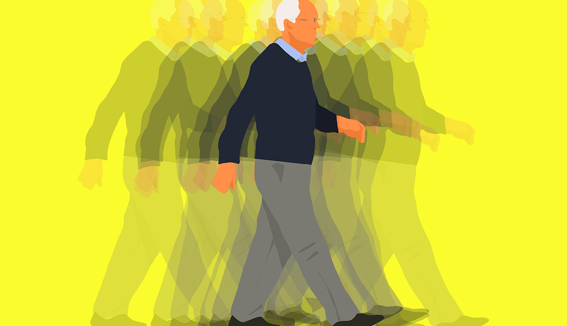 An illustration of a blurred man walking