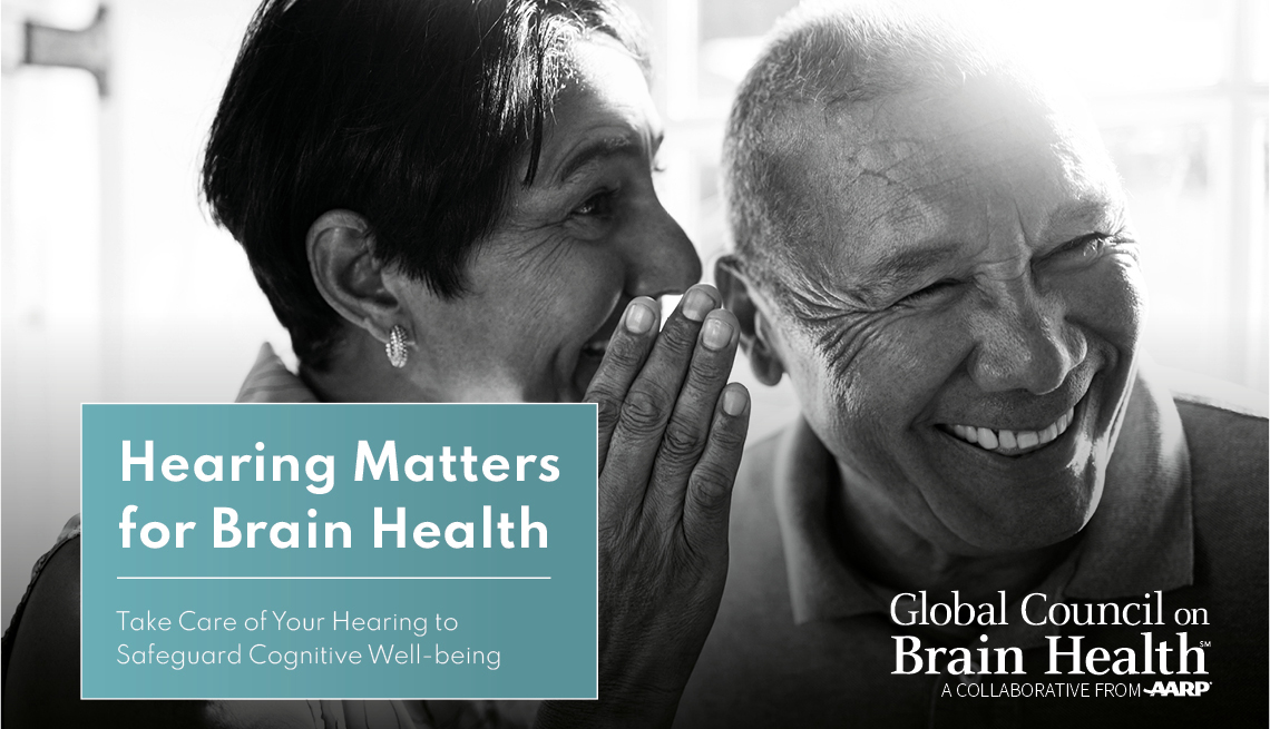 A woman whispering into a man's ear with the text "Hearing Matters for Brain Health" and "Global Council on Brain Health"