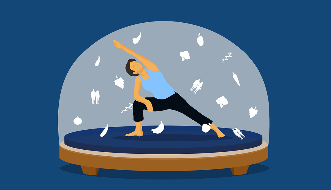 An illustration of a woman stretching inside a snow globe