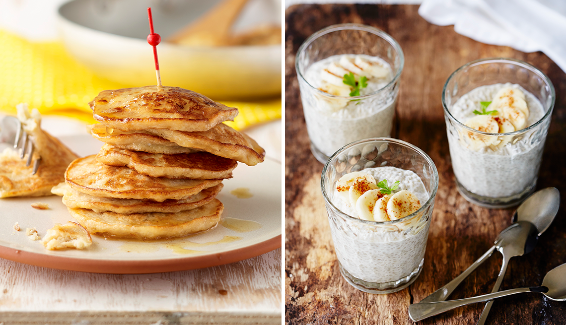 left banana pancakes right banana chia seed pudding