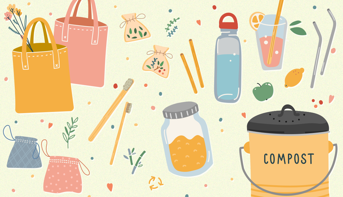 a collection of reusable items such as reusable bags jars bottles tea bags and straws as well as a compost bin