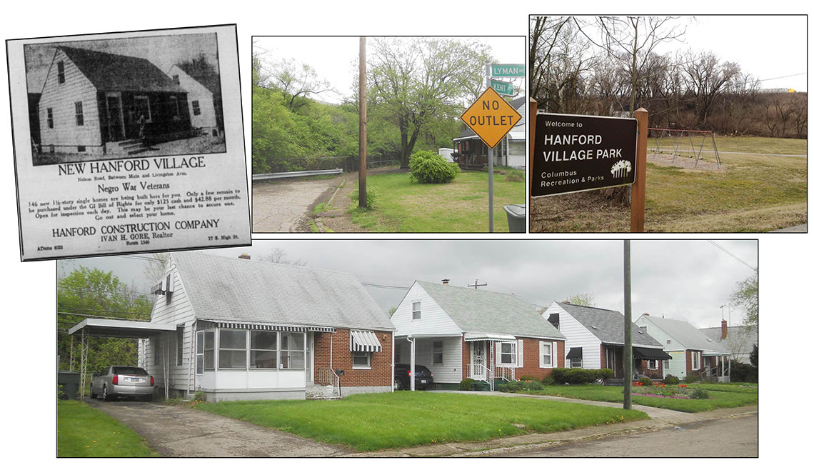 Four images showing houses and locations in Hanford Village before and after the highway