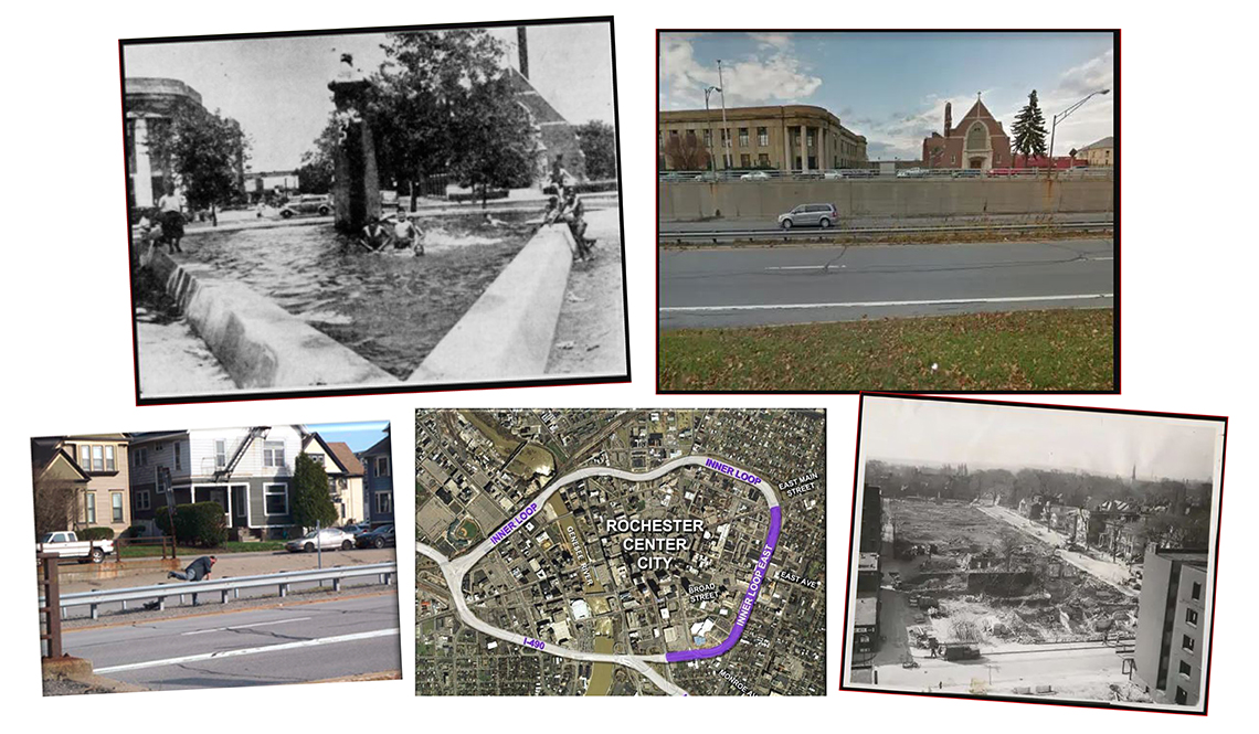 5 images showing scenes of Rochester, New York, before and after the highway construction 5 images showing scenes of Rochester, New York, before and after the highway construction