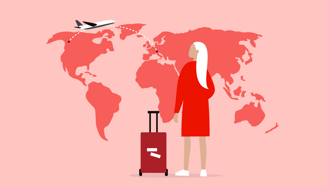 illustration of a woman with a suitcase standing in front of a world map
