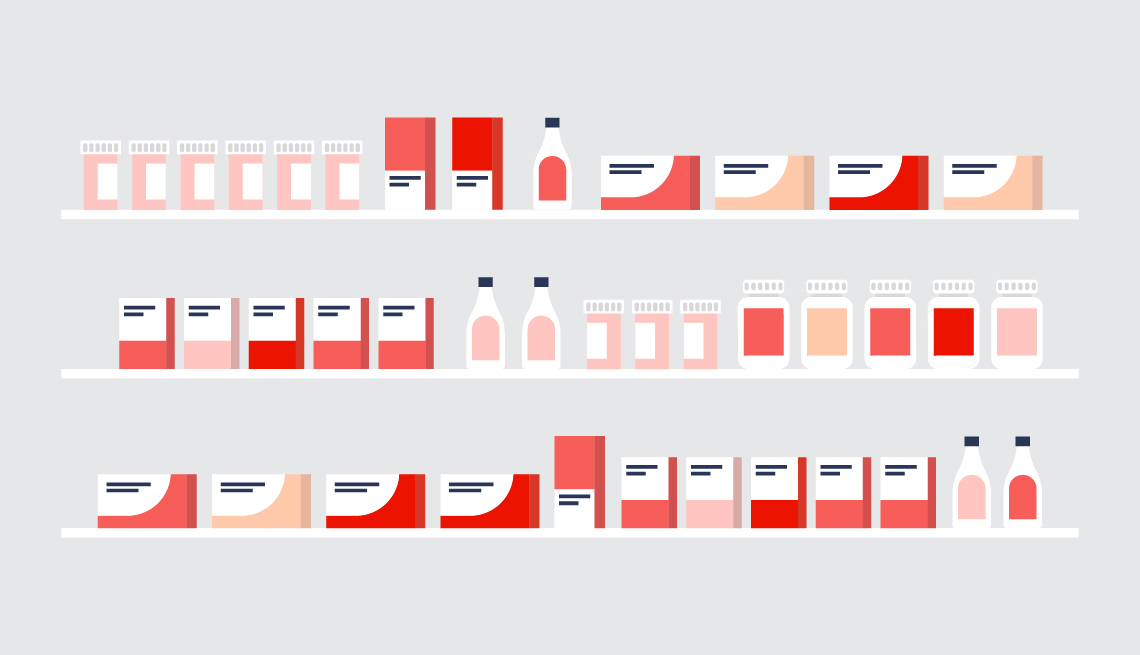 illustration of three shelves with pill bottles on them