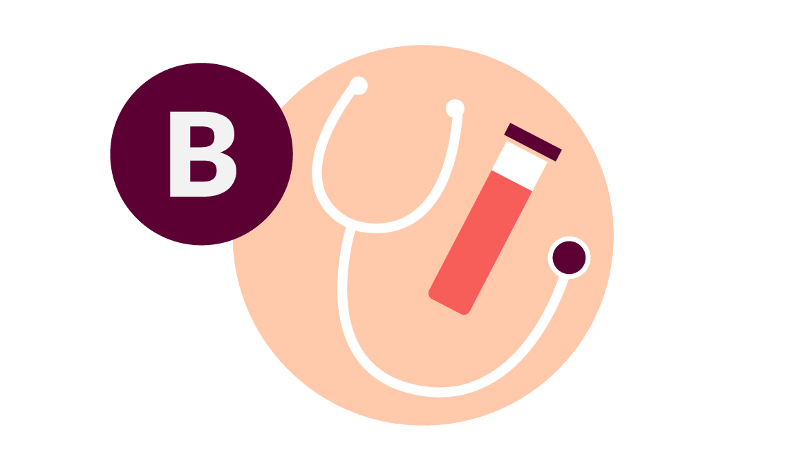 illustration of a stethoscope next to a pill bottle next to the letter B