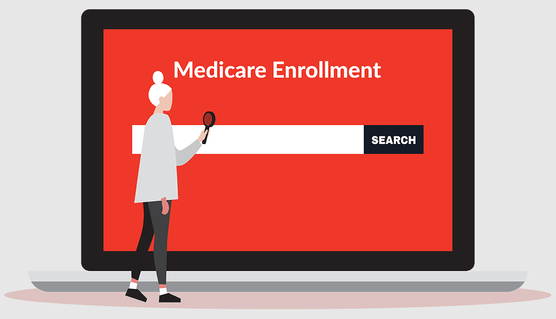 illustration of a woman holding a magnifying  glass standing in front of a red computer screen with a search bar showing reading medicare enrollment