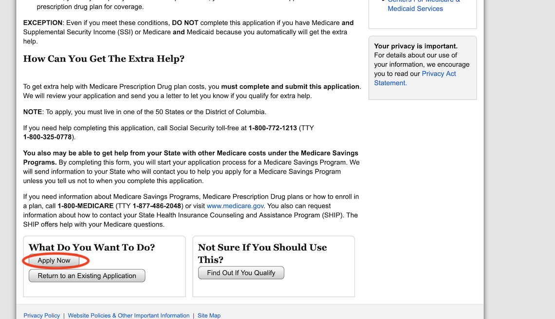 a screenshot of the medicare prescription drug plan financial aid application "how can you get extra help" secton with "apply now" button circled in red
