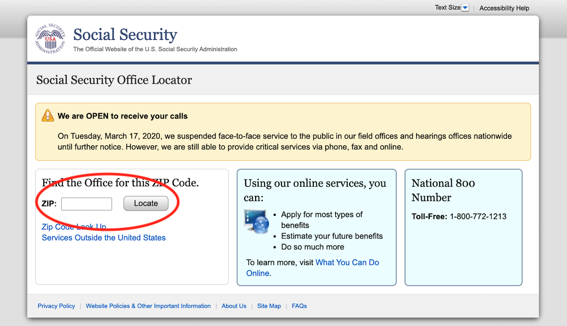 screenshot of social security office locator with area where you enter your zip code circled in red