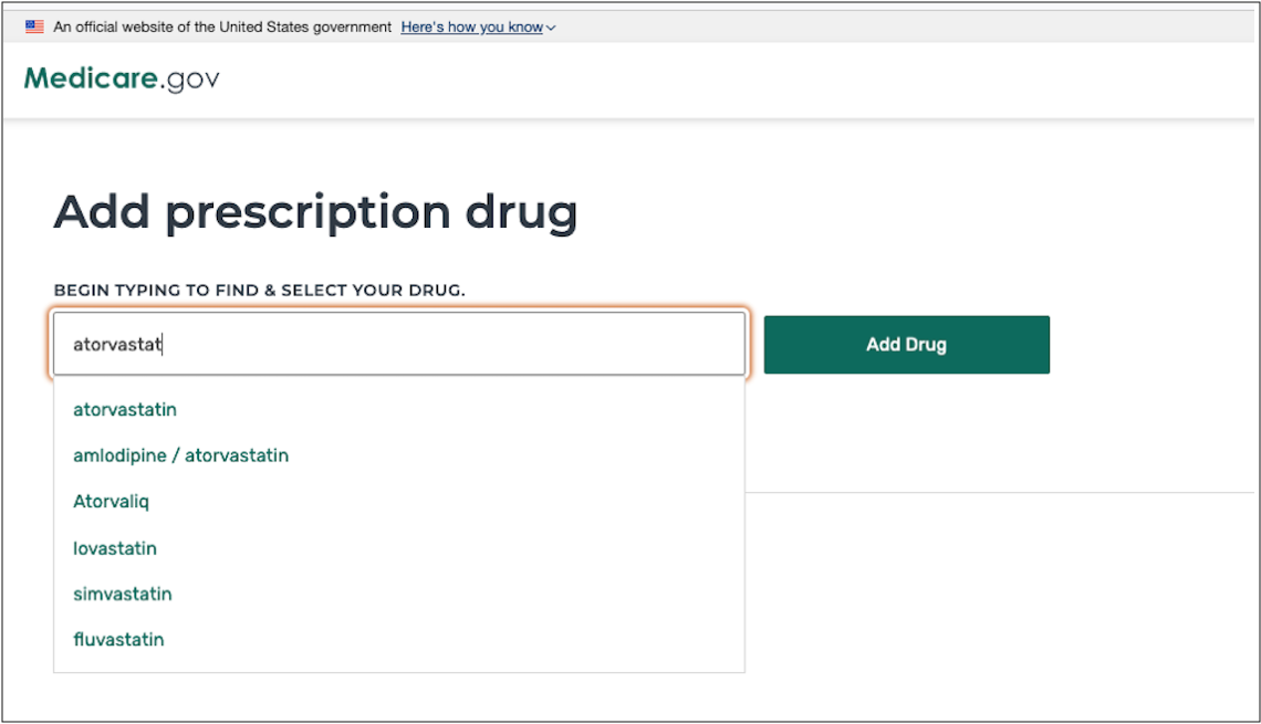 screenshot of the medicare dot gov webpage where you enter your prescription drug names into a search field