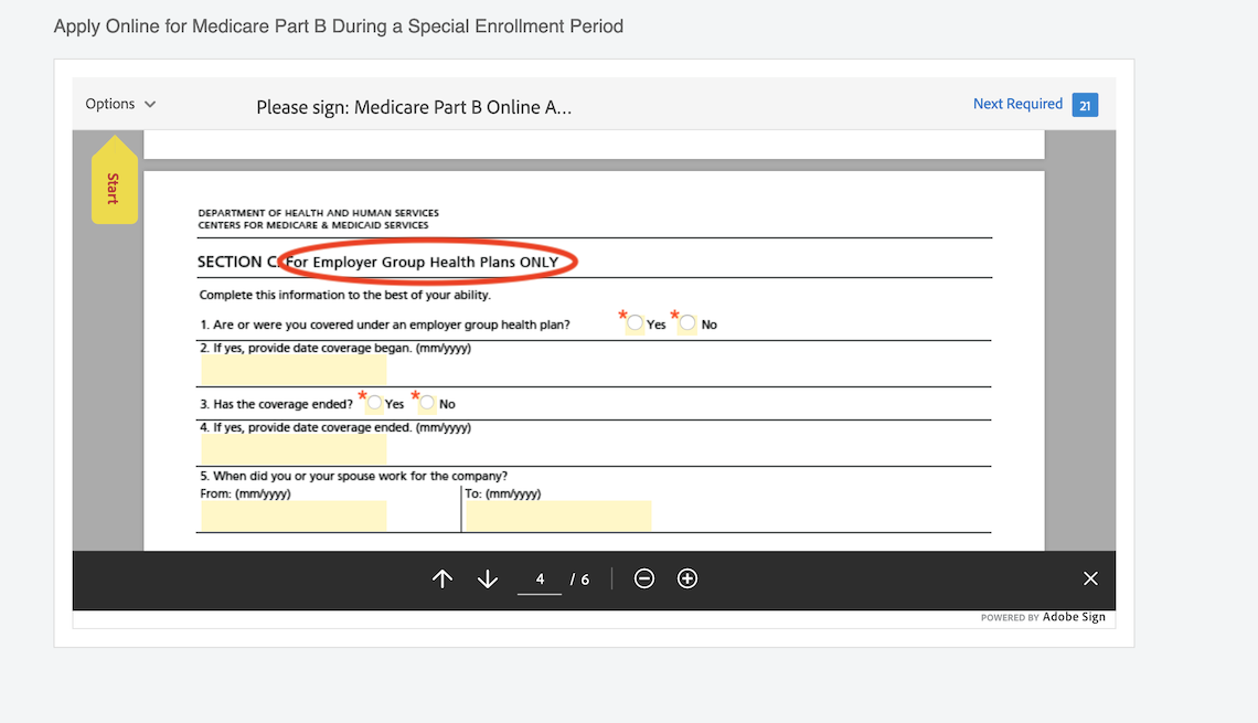 a screenshot of section C of the medicare part b online application with the section "for employer group health plans only" circled in red