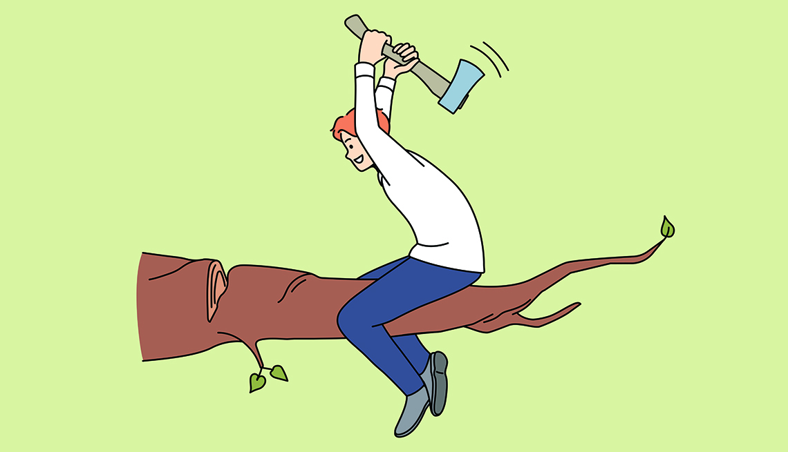 Cartoon of a man sitting on a tree branch but chopping at the wrong end of it with an ax. Self-sabotage concept.