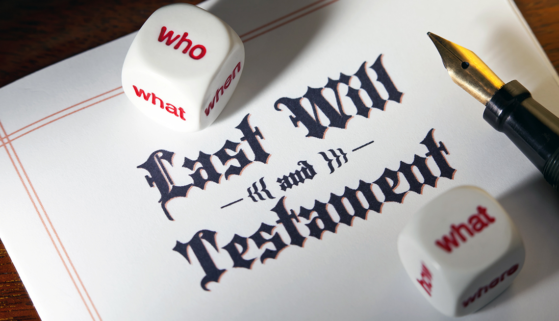 questions about estate planning are illustrated by dice rolled on top of a document that reads, "last will and testament"  