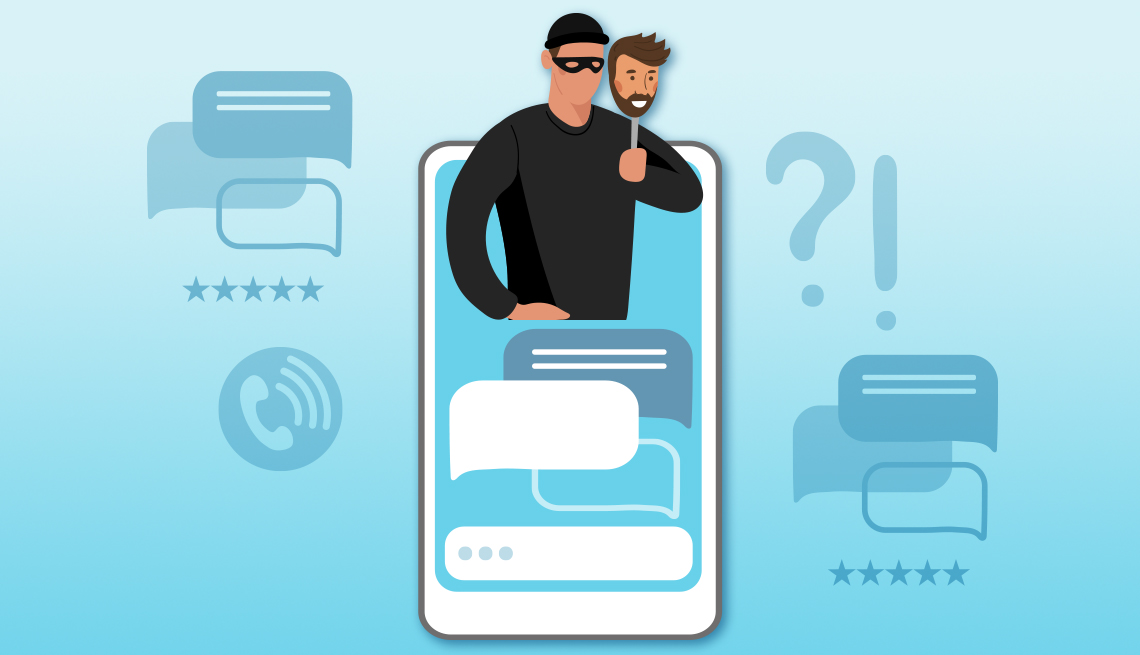 Ilustración de un impostor que sale de la pantalla de un teléfono móvil y sostiene una cara falsa con su mano