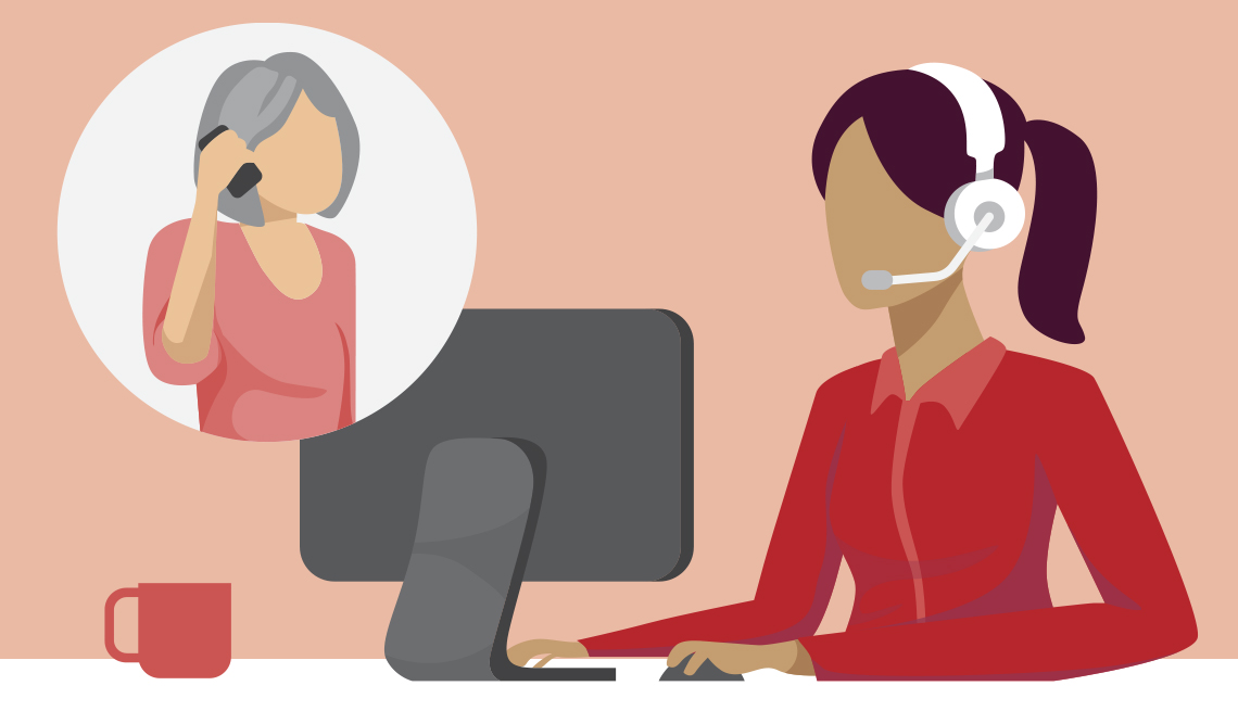 Gráfica mostrando a una agente de servicio al cliente y en una burbuja una mujer mientras contesta el teléfono 