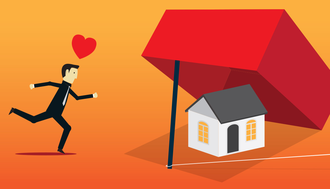 Ilustración de un hombre que corre hacia una casa que está debajo de una trampa de conejo