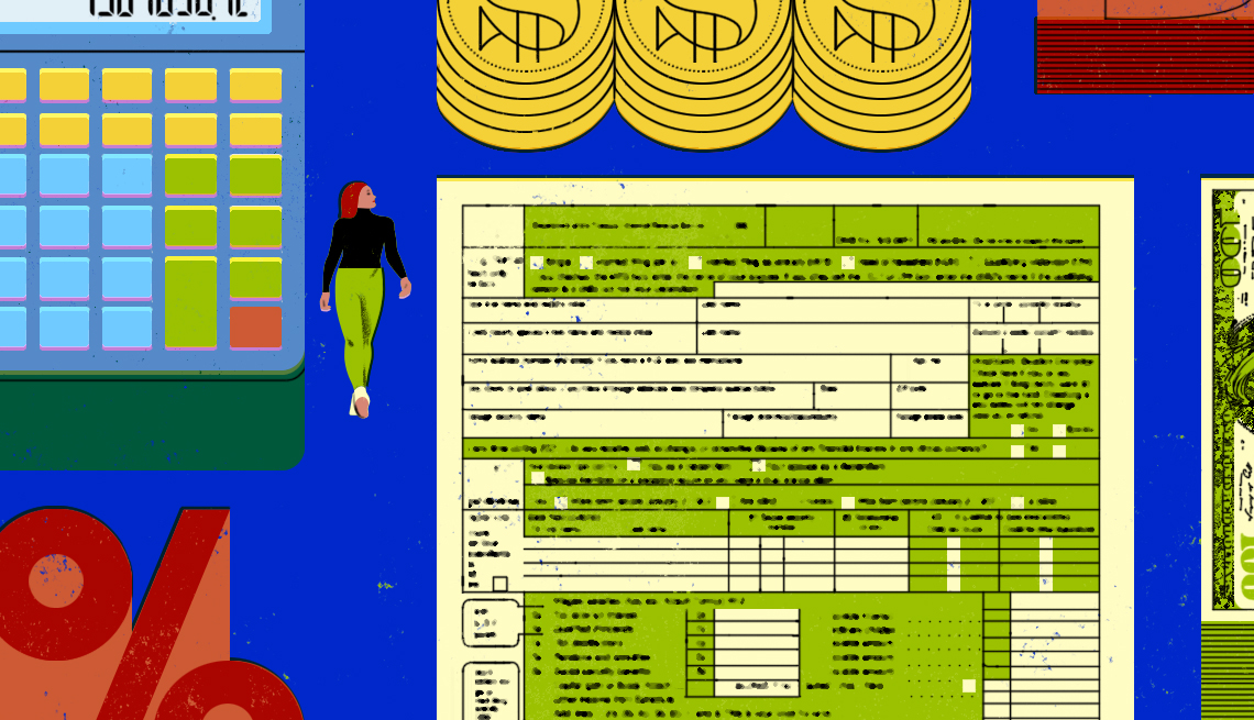 Ilustración que muestra una calculadora, un formulario de impuestos, monedas y una mujer