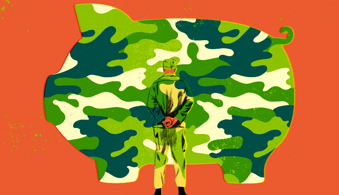 Ilustración de una alcancía de cochinito con los colores del camuflage militar y un soldado parado al frente