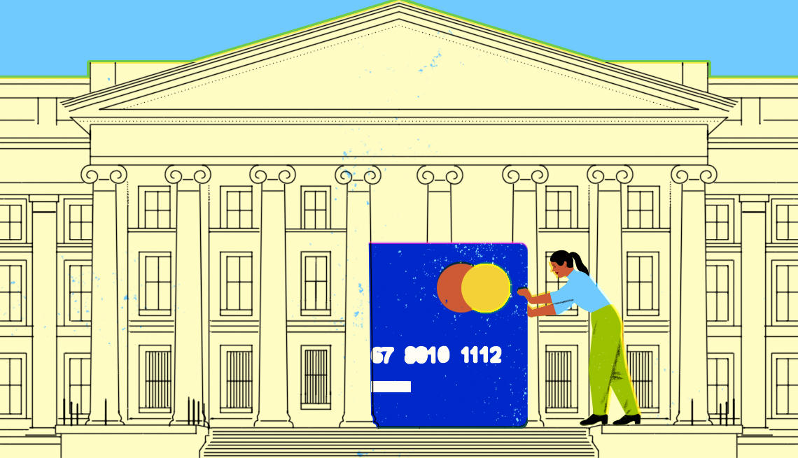 Ilustración de una mujer insertando una tarjeta de crédito en un banco