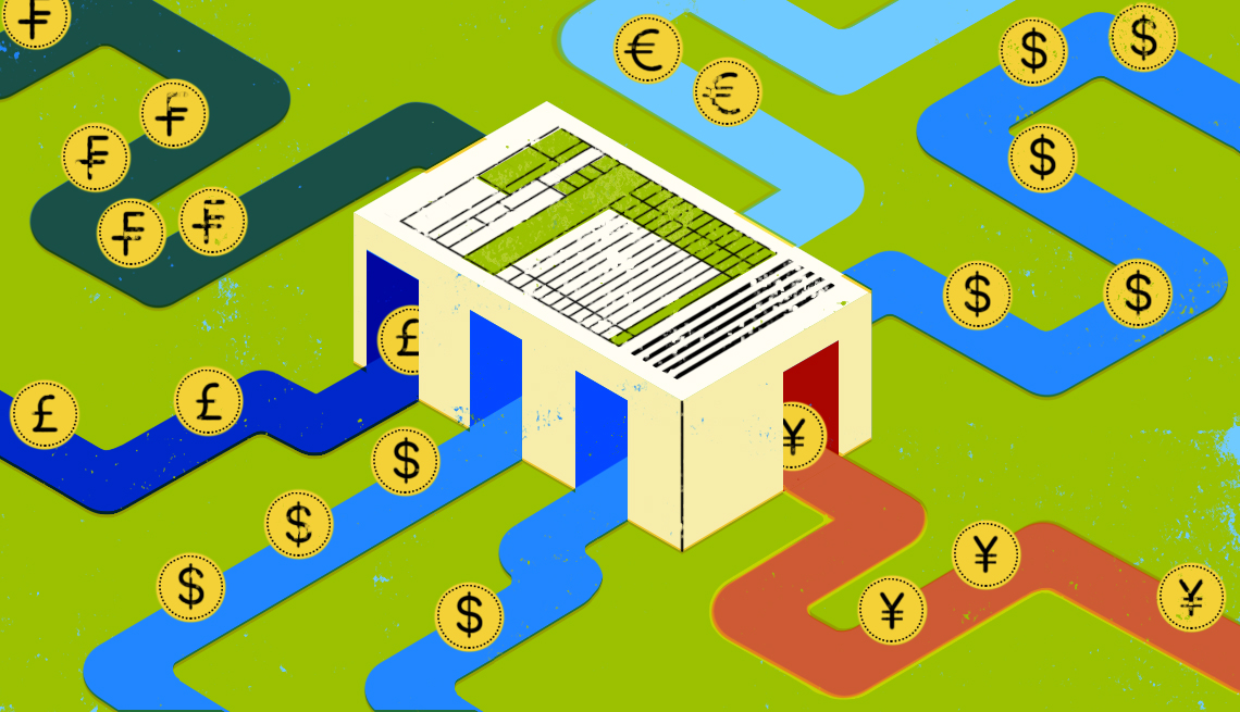 Ilustración de una casa de cambio de moneda de la cual entran y salen caminos de diferentes colores