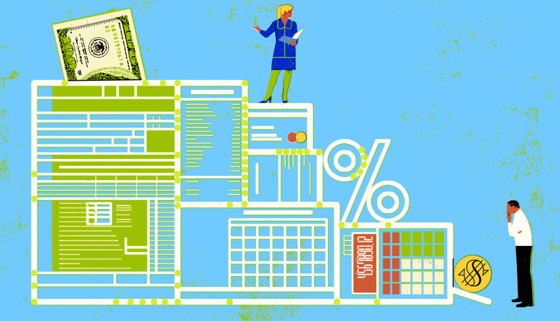Ilustración que muestra  a una mujer sobre una estructura con íconos de dinero e impuestos y un hombre preocupado