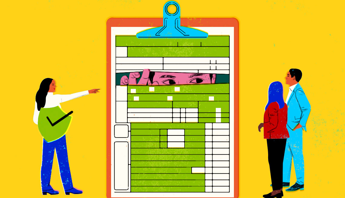 Ilustración de un formulario de impuestos y tres personas que lo observan