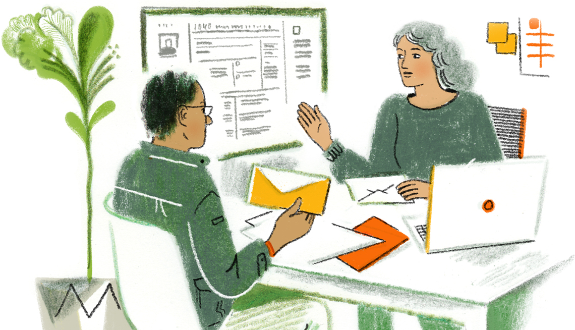 Ilustración de una mujer en su oficina que ayuda a una persona con sus impuestos