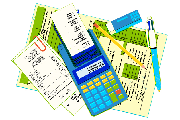 Ilustración que muestra recibos, una planilla, una calculadora, un lápiz y un bolígrafo Ilustración que muestra recibos, una planilla, una calculadora, un lápiz y un bolígrafo