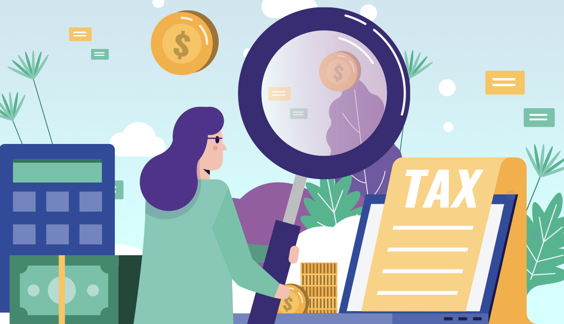 Ilustración de una mujer mirando un formulario de impuestos a través de una lupa gigante