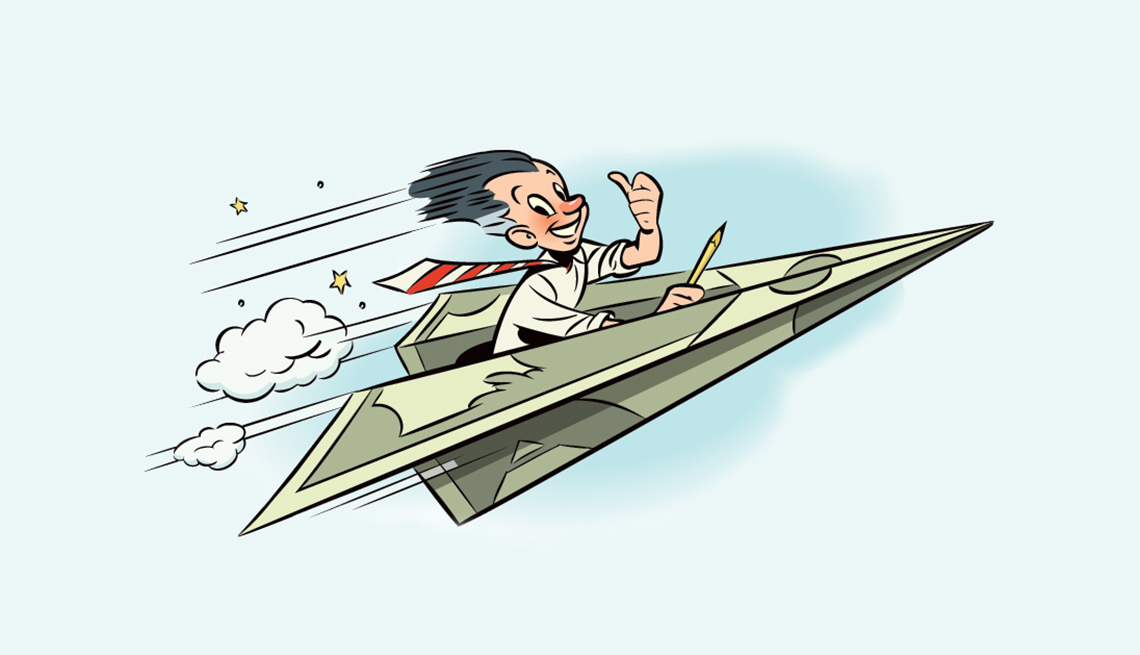 Ilustración de un hombre en un avión hecho en un billete de dólar y cómo está tu coeficiente intelectual para las finanzas